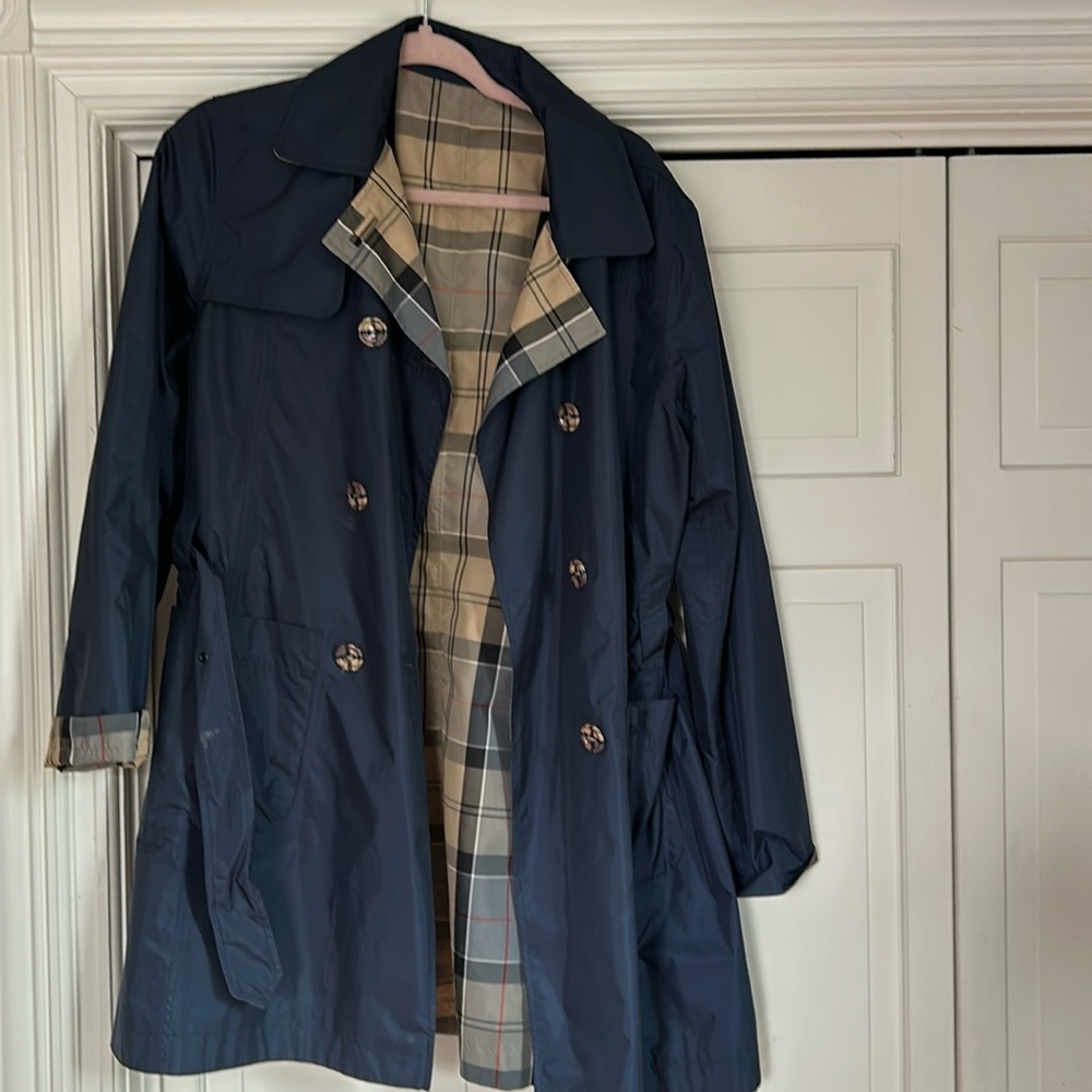 Barbour trench coat- reversible- navy blue or traditional Barbour plaid
